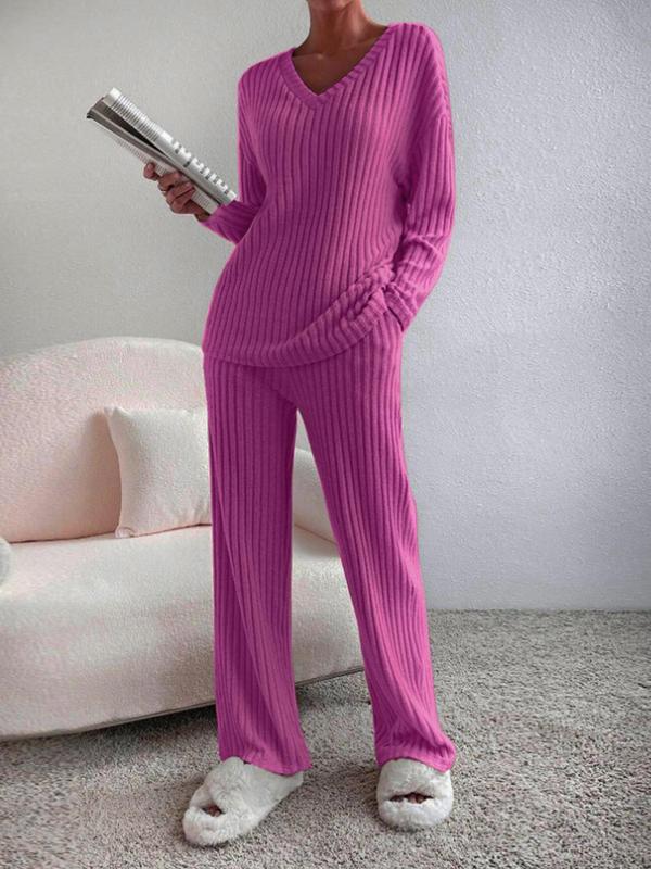 SUMMER™ - Casual V-Neck Long Sleeve Top & Straight Leg Lounge Pants Set