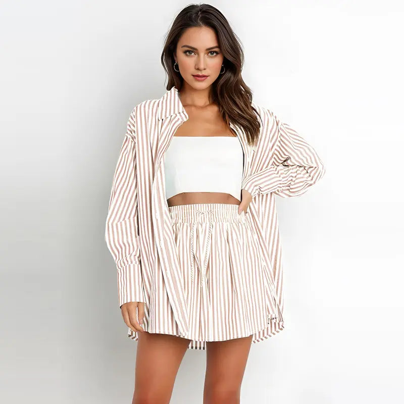 TIFY™ –  Chic Striped Collared Shirt and Wide-Leg Shorts Set