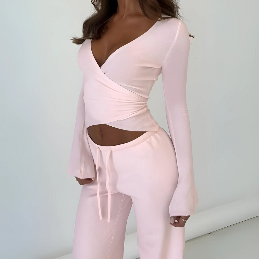 LETISA™ - Chic V-Neck Long Sleeve Top and Pants Set