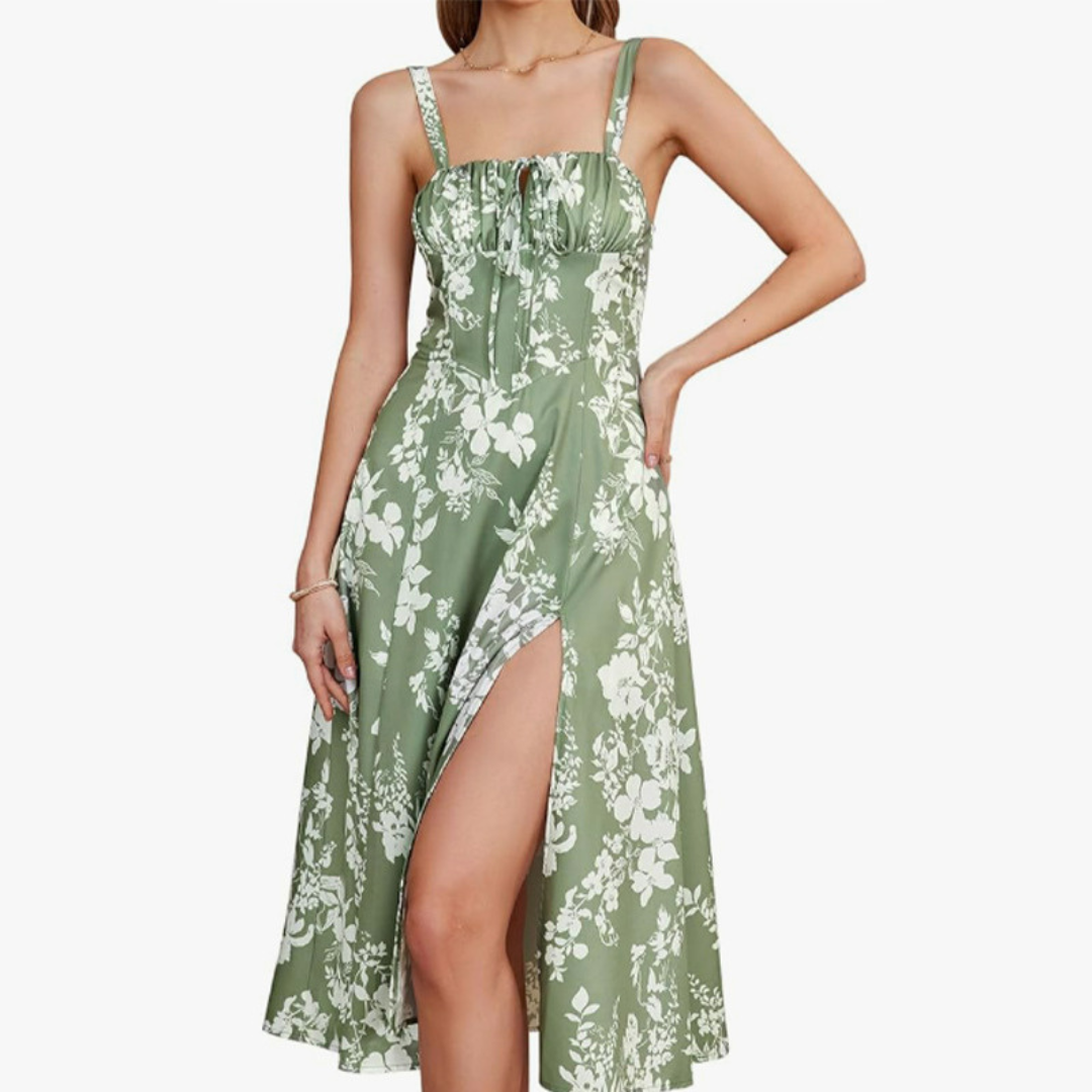 ARIELLOU™ – Elegant Lace-Up Square Neck Midi Dress