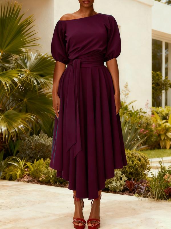 ZEBY™ - Elegant Women's Belted Bishop Sleeve Boat Neck A-Line Dress