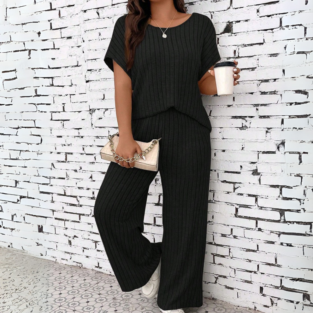 WAUNA™ - Casual Plus Size Short Sleeve Top and Pants Set