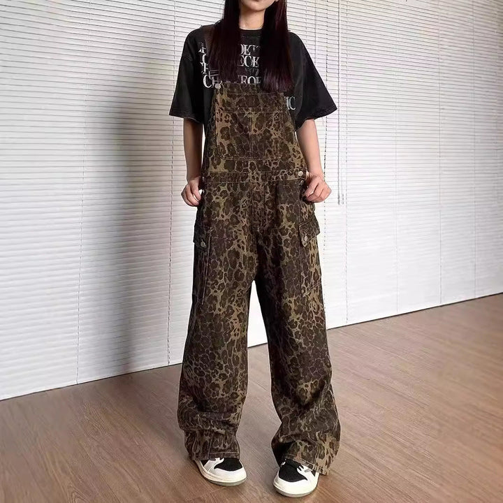 LUNTIAN™ – Vintage Leopard Wide-Leg Overall Jumpsuit