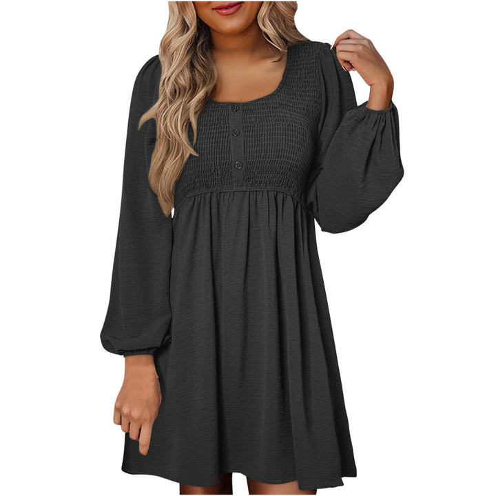 HARPER™ - Casual Smocked Empire Waist A-Line Dress with Button-Up Detail