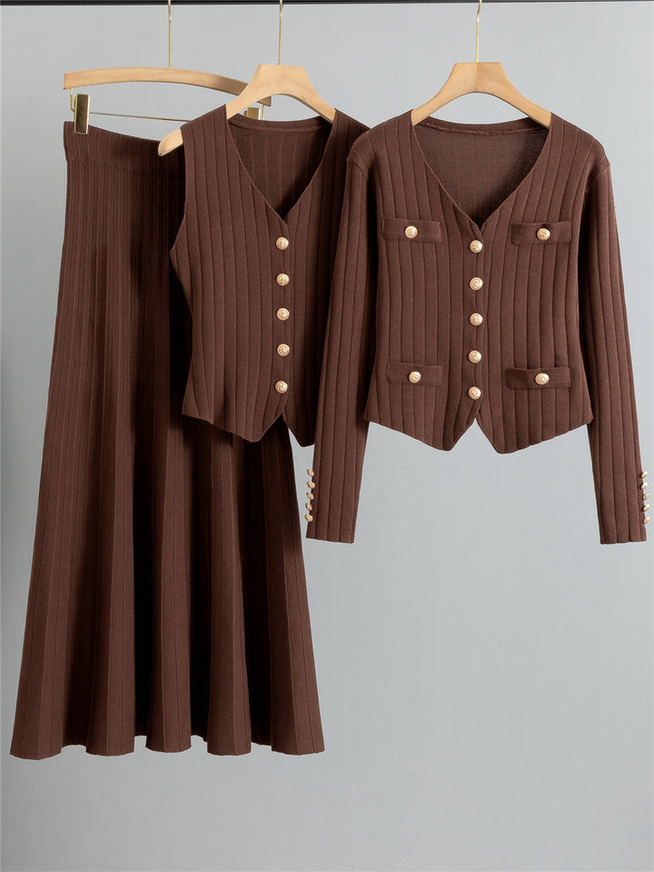 XANDY™ - Elegant V-Neck Buttoned Vest and High Waist Skirt