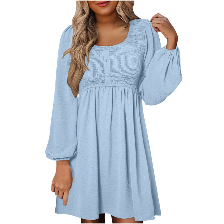 HARPER™ - Casual Smocked Empire Waist A-Line Dress with Button-Up Detail