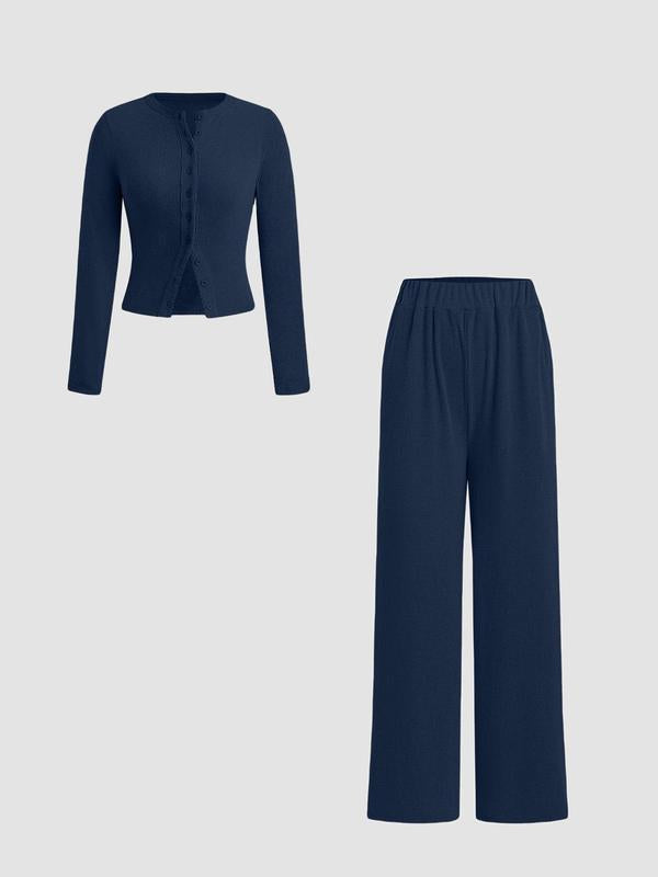 FLORLIE™ - Women’s Ribbed Crop Top & Elastic Waist Pants Casual Set