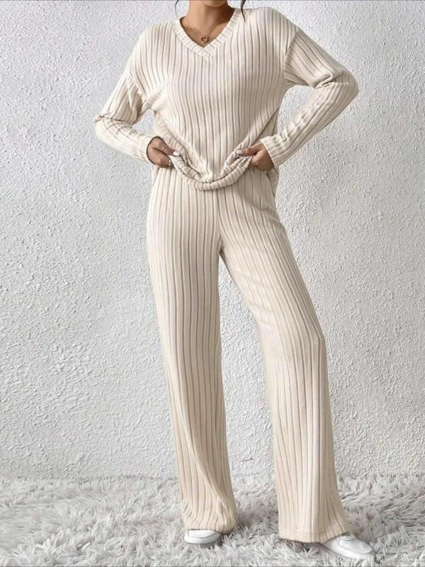 SUMMER™ - Casual V-Neck Long Sleeve Top & Straight Leg Lounge Pants Set