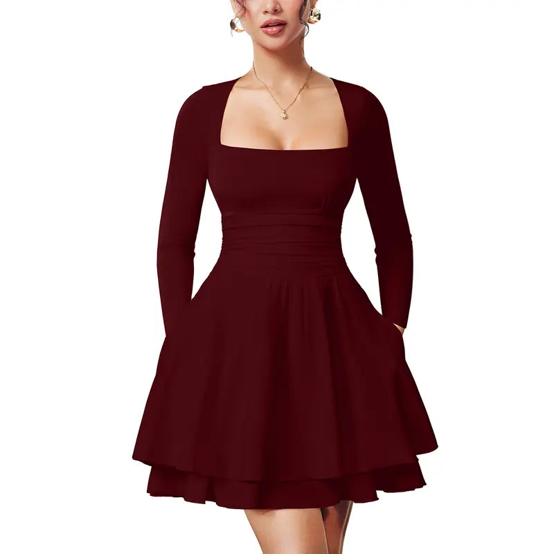 WINONA™ - Women's Square Neck Ruffle Hem Mini Dress Ruched Waist & Long Sleeve