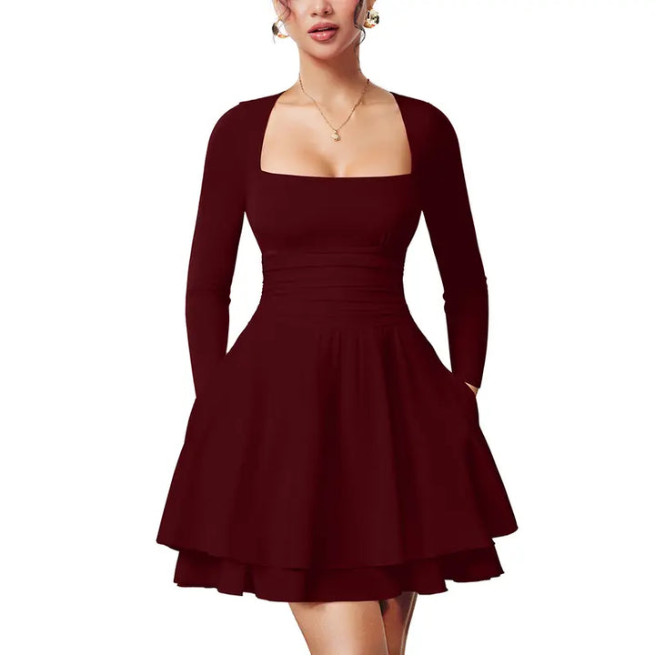 WINONA™ - Women's Square Neck Ruffle Hem Mini Dress Ruched Waist & Long Sleeve
