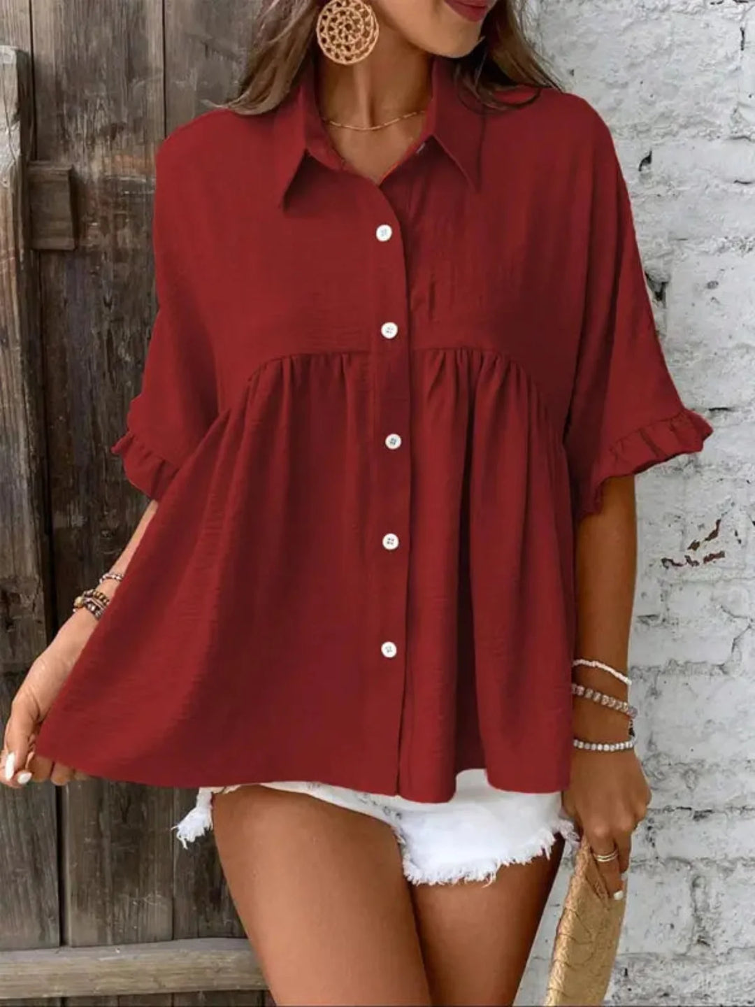 ELLASA™ - Casual Plus Size Ruffle Button-Front Blouse