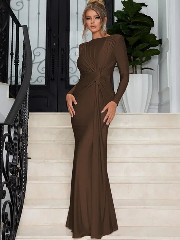 JOSALIE™ - Elegant Ruched Bodycon Dress with Padded Shoulders & Long Sleeve